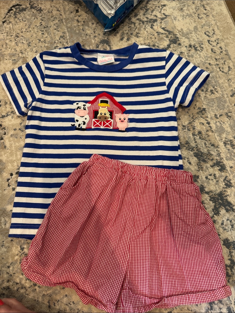 Kids Blue & White Striped Farm Animal Matching Set with Red Shorts